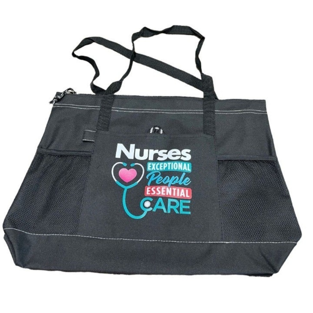 Tote Work Bag Nurses Nursing Essential Care Worker‎ 18" x 14" Mesh Pockets Black